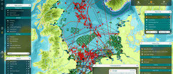 Kaart met een netwerk van handel over de Noordzee 